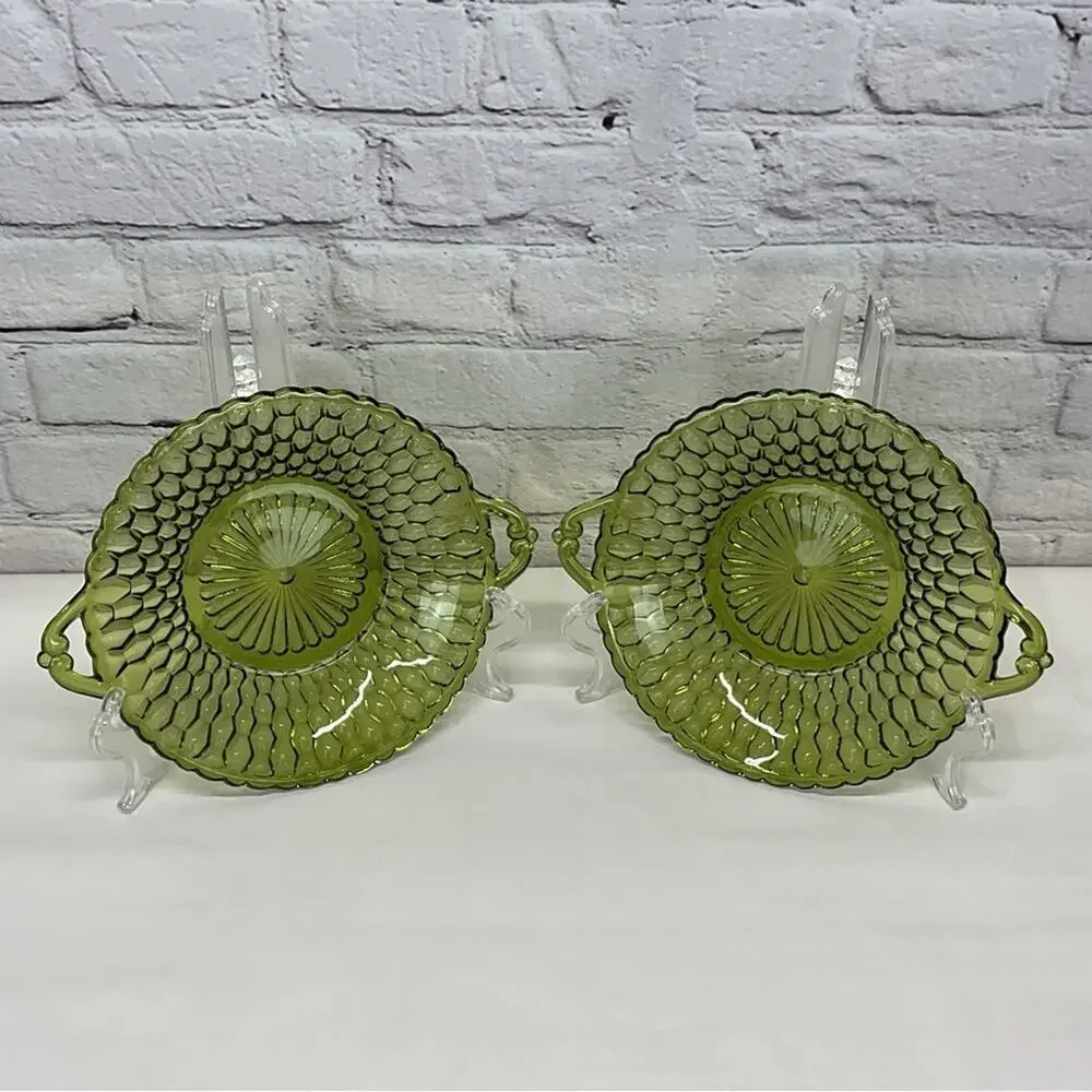 Vintage Indiana Glass Candy Dish Set of 2 Avocado Green Handles Round Honeycomb